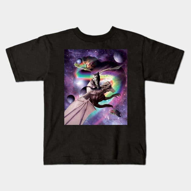 Space Cat Riding Dragon - Tacos And Rainbow Kids T-Shirt by Random Galaxy